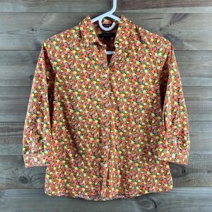 Lands End Womens Shirt 3/4 Sleeve Button Up Fruit Citrus‎ No iron Supima Size 4P